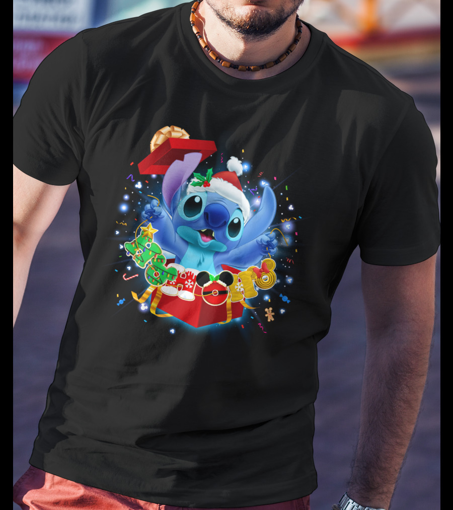 Stitch Christmas Celebration With Santa Hat And Festive Lights T-Shirt