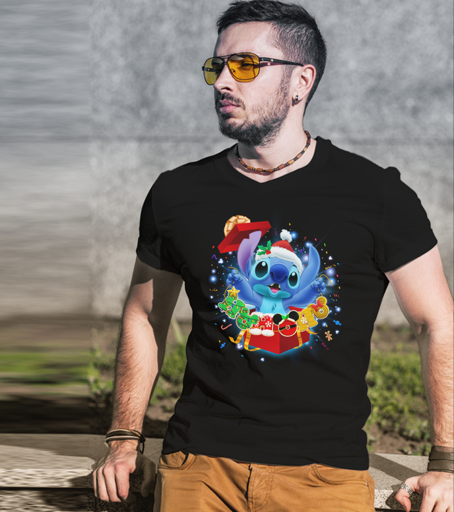 Stitch Christmas Celebration With Santa Hat And Festive Lights T-Shirt