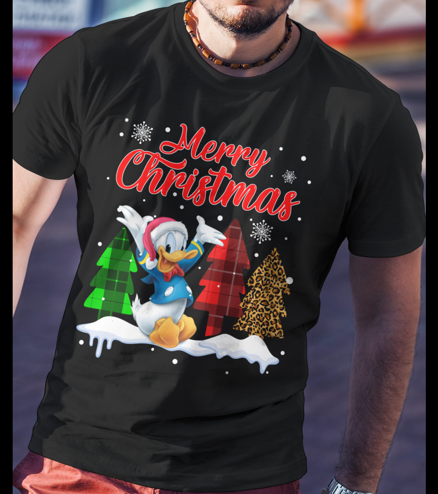 Merry Christmas Donald Duck With Festive Plaid And Leopard Trees T-Shirt