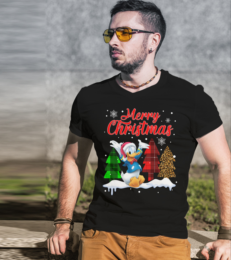 Merry Christmas Donald Duck With Festive Plaid And Leopard Trees T-Shirt