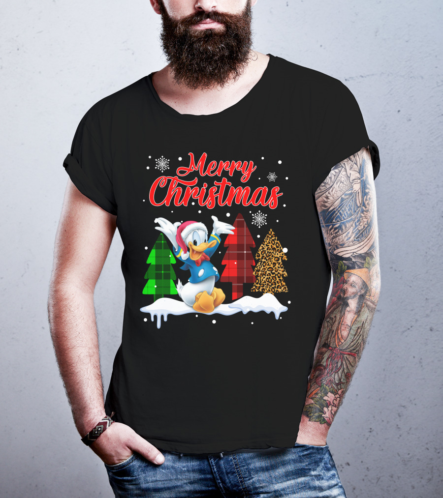 Merry Christmas Donald Duck With Festive Plaid And Leopard Trees T-Shirt