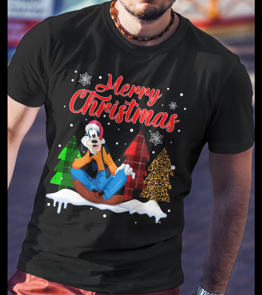 Merry Christmas Goofy With Plaid And Leopard Trees Snowflakes T-Shirt