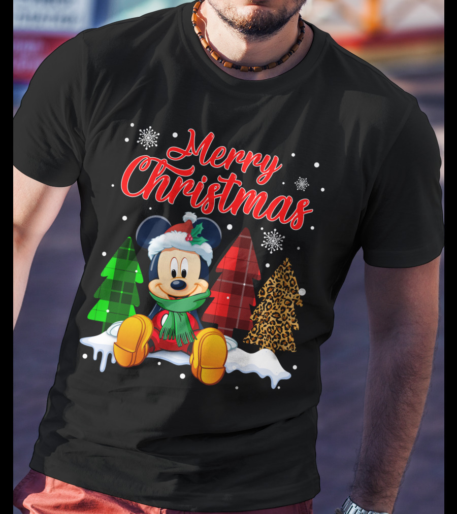 Merry Christmas Mickey Mouse With Plaid And Leopard Trees And Snowflakes T-Shirt