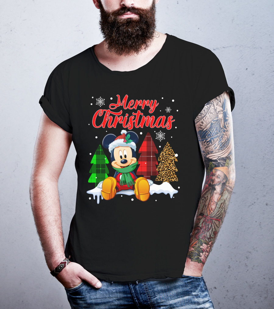 Merry Christmas Mickey Mouse With Plaid And Leopard Trees And Snowflakes T-Shirt