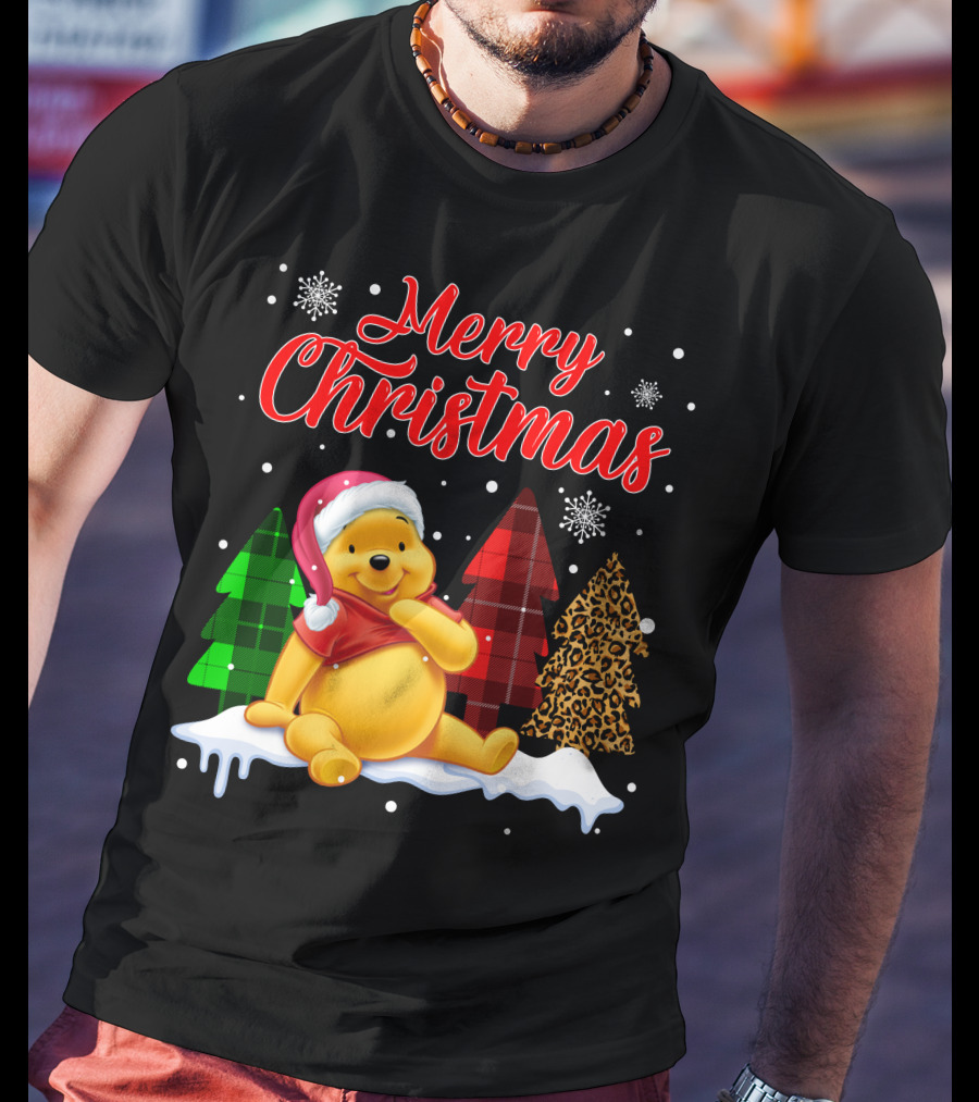 Merry Christmas Pooh Snowflakes Plaid Trees Santa Hat T-Shirt