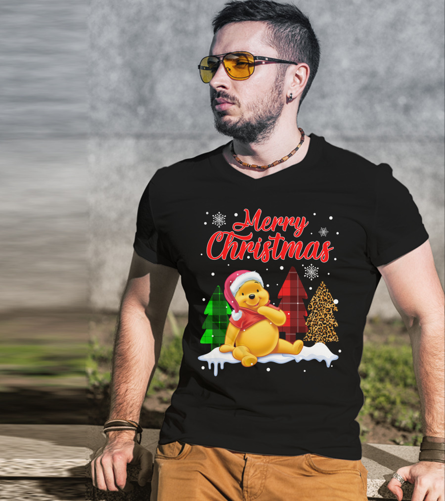 Merry Christmas Pooh Snowflakes Plaid Trees Santa Hat T-Shirt