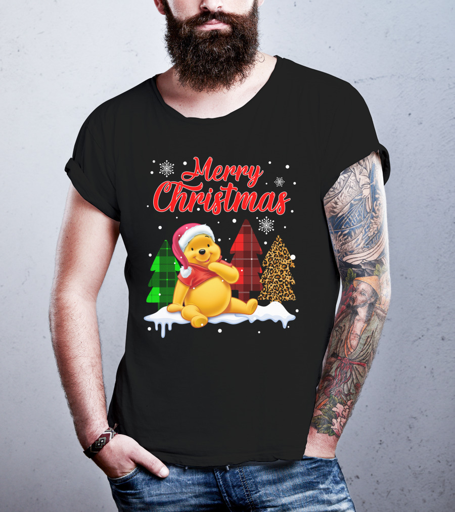 Merry Christmas Pooh Snowflakes Plaid Trees Santa Hat T-Shirt