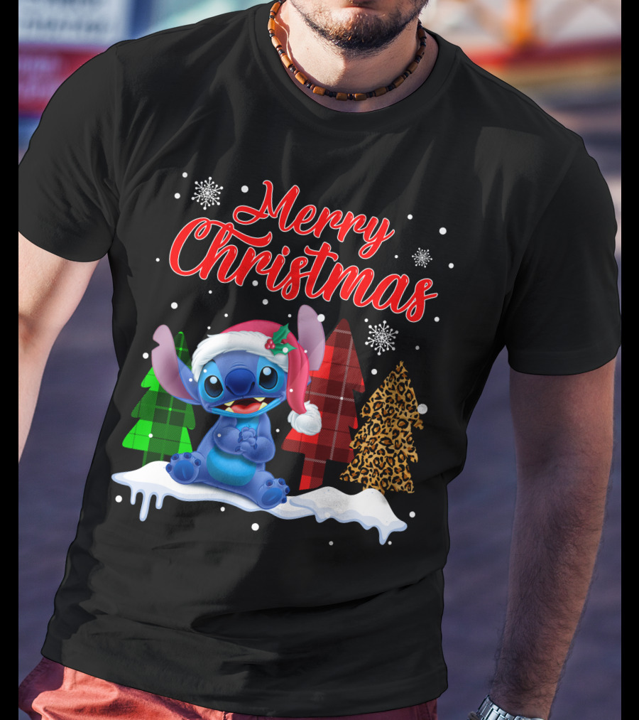Merry Christmas Stitch Santa Hat Snow Plaid Trees T-Shirt