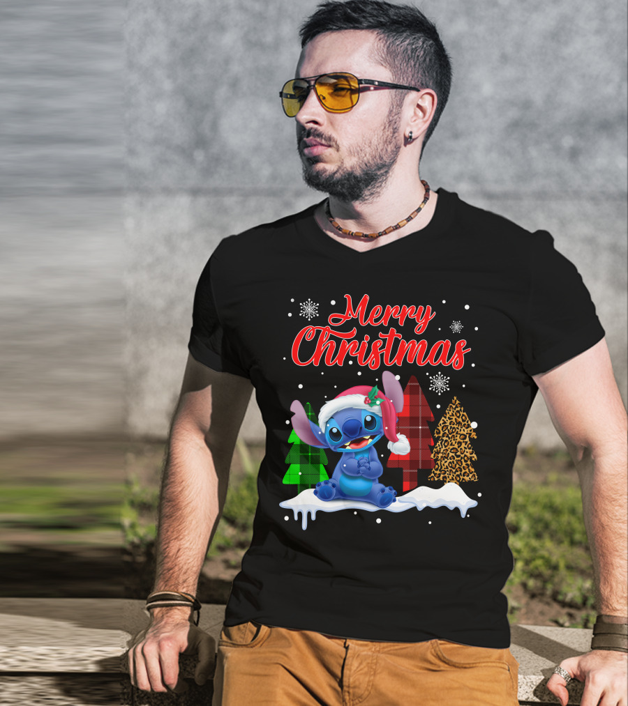 Merry Christmas Stitch Santa Hat Snow Plaid Trees T-Shirt