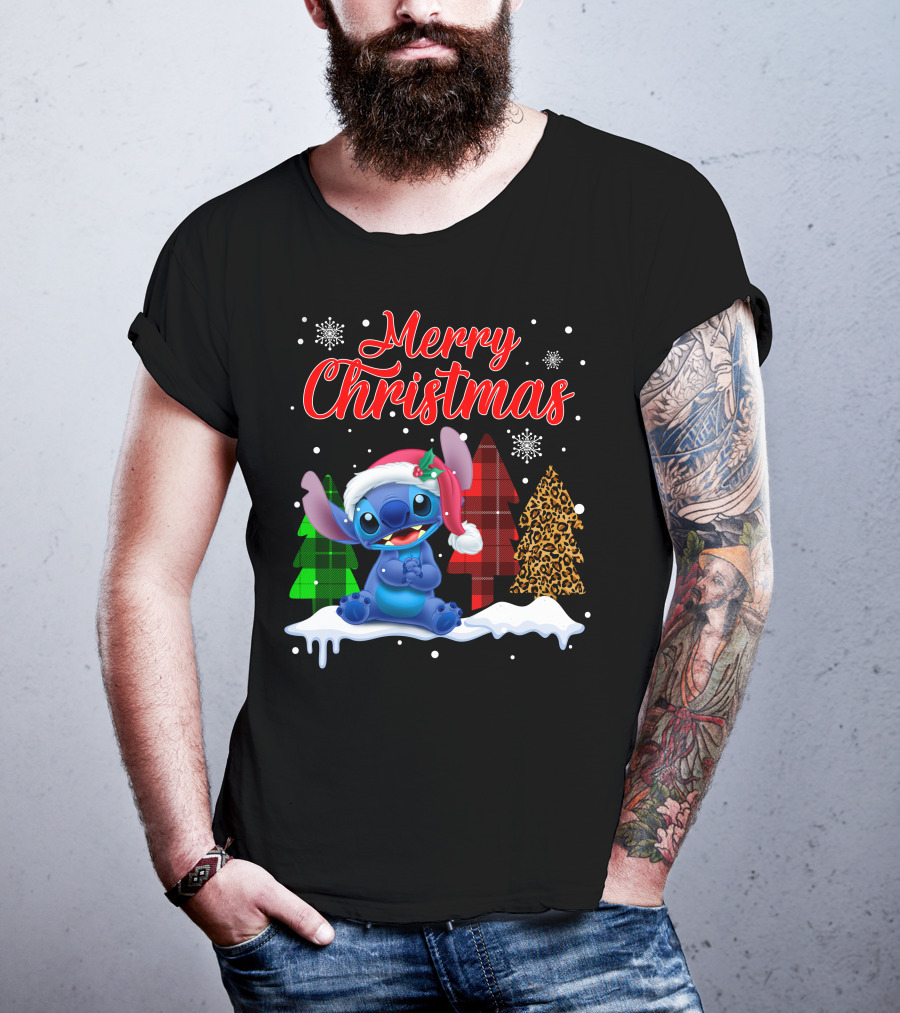 Merry Christmas Stitch Santa Hat Snow Plaid Trees T-Shirt