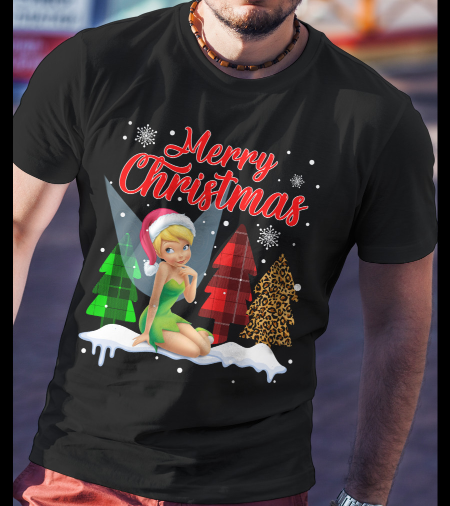 Merry Christmas Tinkerbell Santa Hat Plaid And Leopard Trees Snowflakes T-Shirt