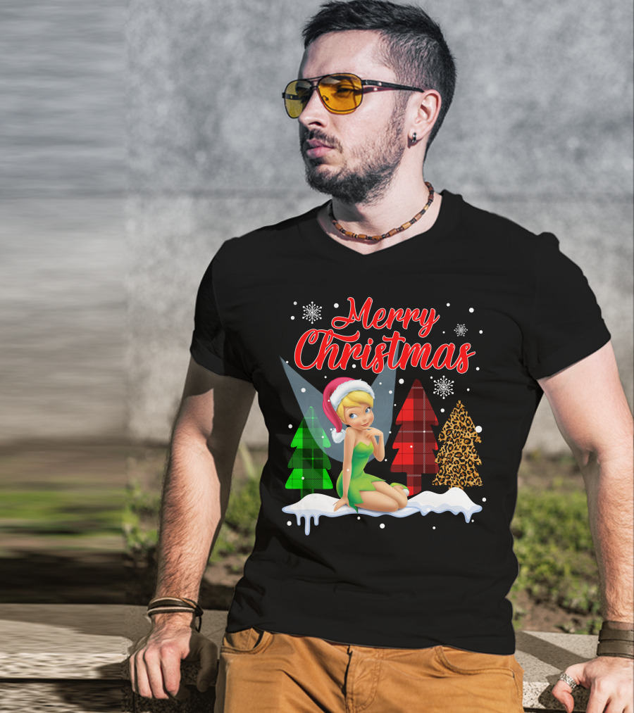 Merry Christmas Tinkerbell Santa Hat Plaid And Leopard Trees Snowflakes T-Shirt