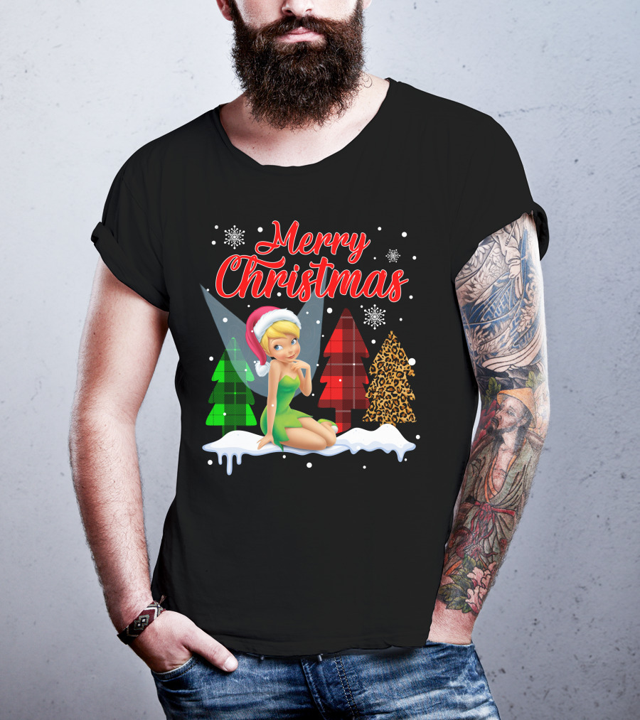 Merry Christmas Tinkerbell Santa Hat Plaid And Leopard Trees Snowflakes T-Shirt