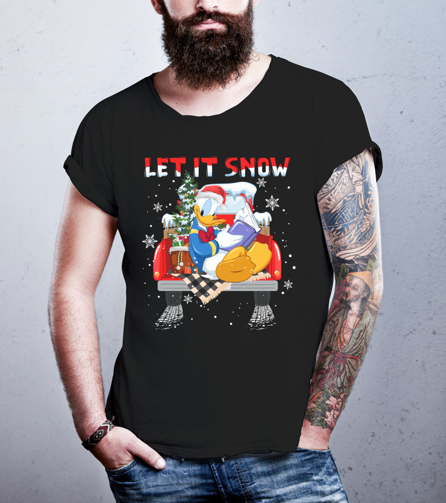 Let It Snow Donald Santa Hat Reading Winter Snowflakes Christmas Tree Red Truck T-Shirt