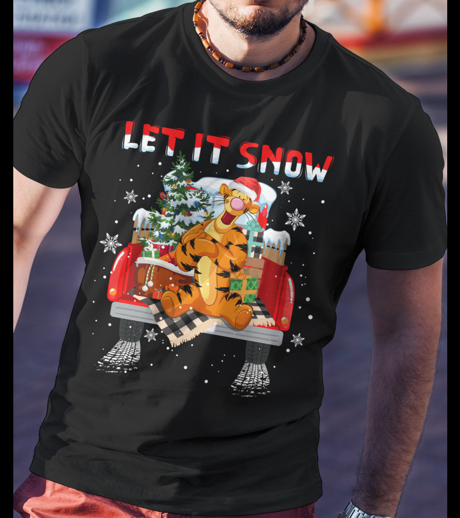 Tigger Let It Snow Christmas Tree And Presents In Snowy Red Truck T-Shirt