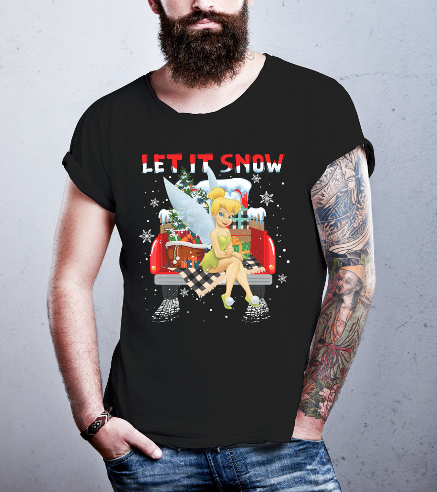 Let It Snow Tinkerbell Sitting On Truck With Gifts And Snowflakes T-Shirt