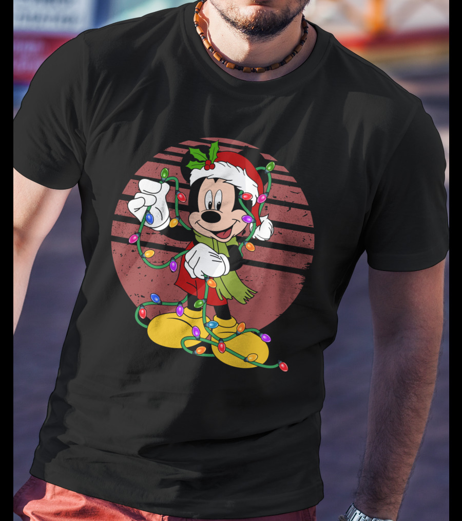 Mickey Mouse Christmas Lights Santa Hat Holiday T-Shirt
