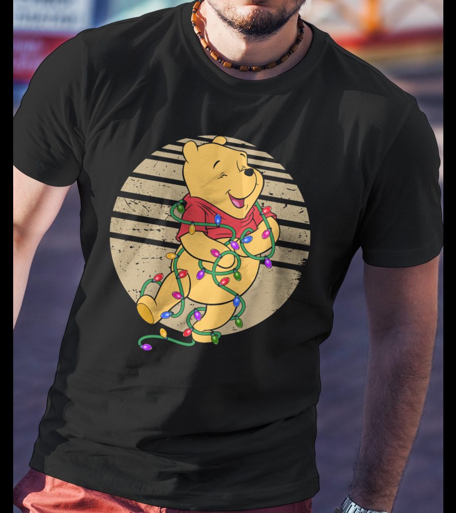 Pooh Wrapped In Christmas Lights And Stripes T-Shirt