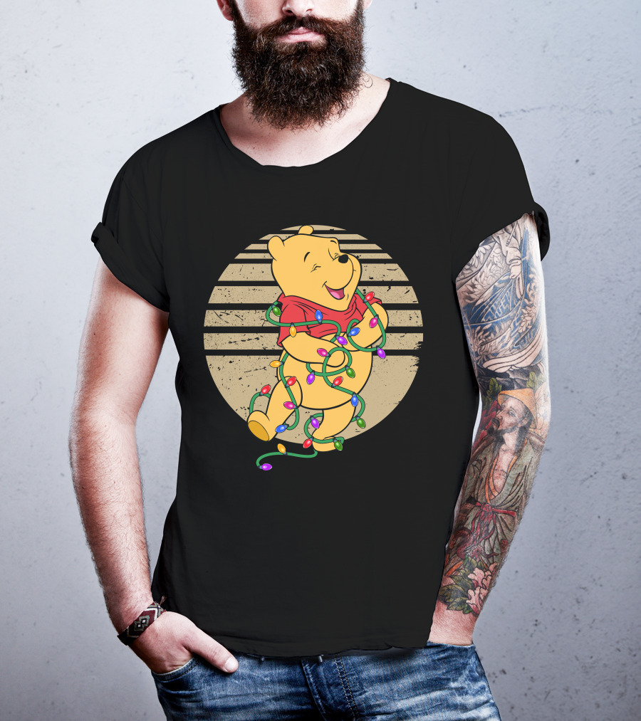 Pooh Wrapped In Christmas Lights And Stripes T-Shirt