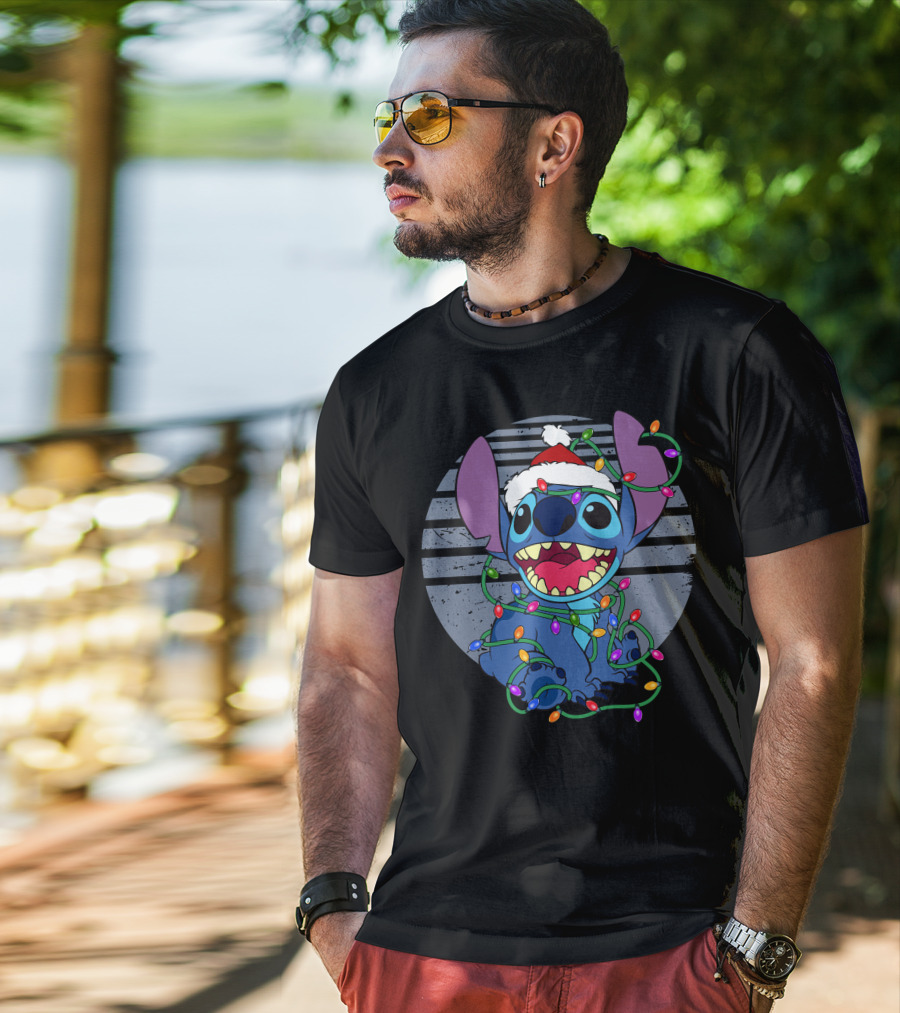 Stitch Christmas Lights Holiday Santa Hat T-Shirt