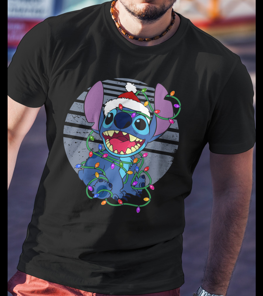Stitch Christmas Lights Holiday Santa Hat T-Shirt