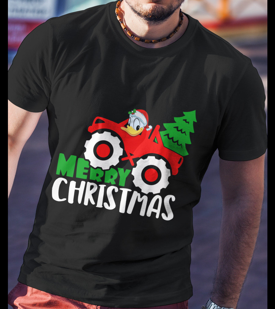 Merry Christmas Donald Duck Monster Truck Santa Hat Holiday Tree T-Shirt