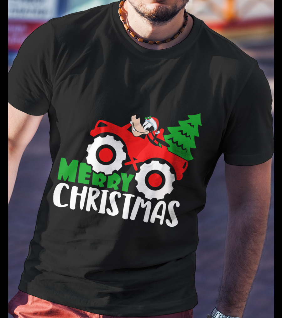 Merry Christmas Goofy In Santa Hat On Red Tractor With Christmas Tree T-Shirt