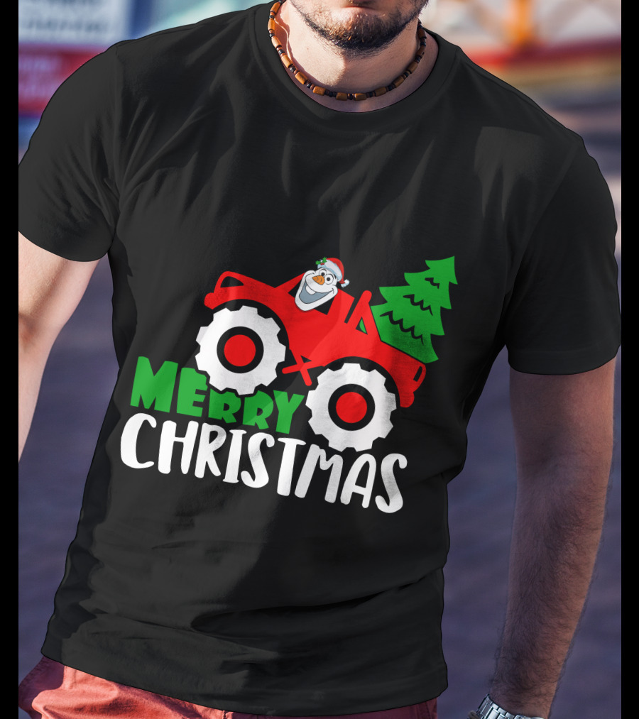Merry Christmas Olaf Monster Truck With Santa Hat And Christmas Tree T-Shirt