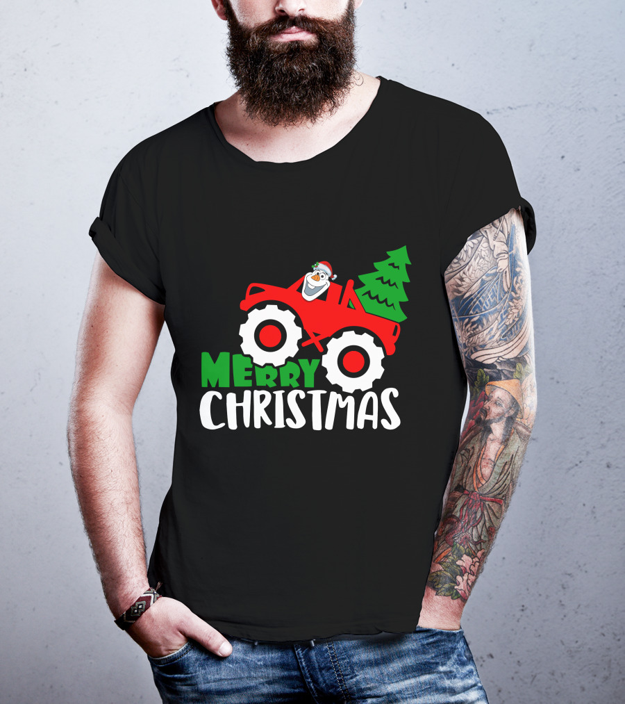 Merry Christmas Olaf Monster Truck With Santa Hat And Christmas Tree T-Shirt