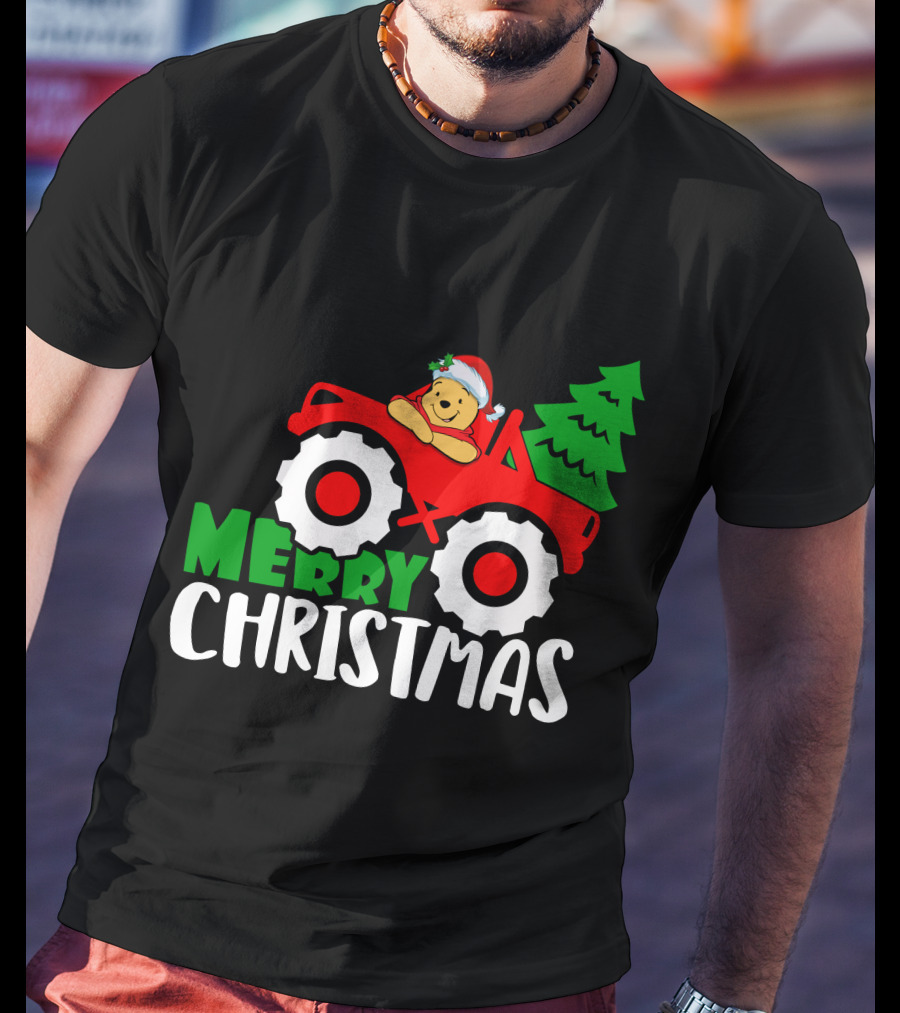 Merry Christmas Pooh Tractor Santa Hat Tree T-Shirt