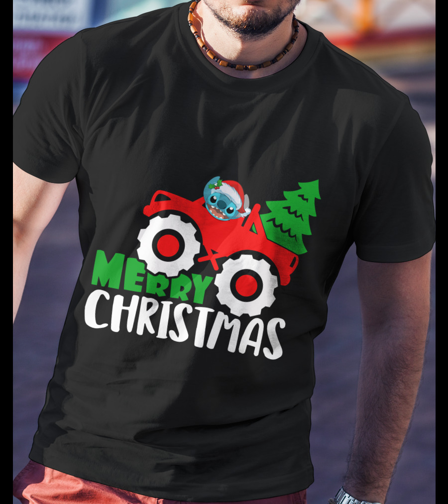 Merry Christmas Stitch Riding Red Truck With Tree T-Shirt