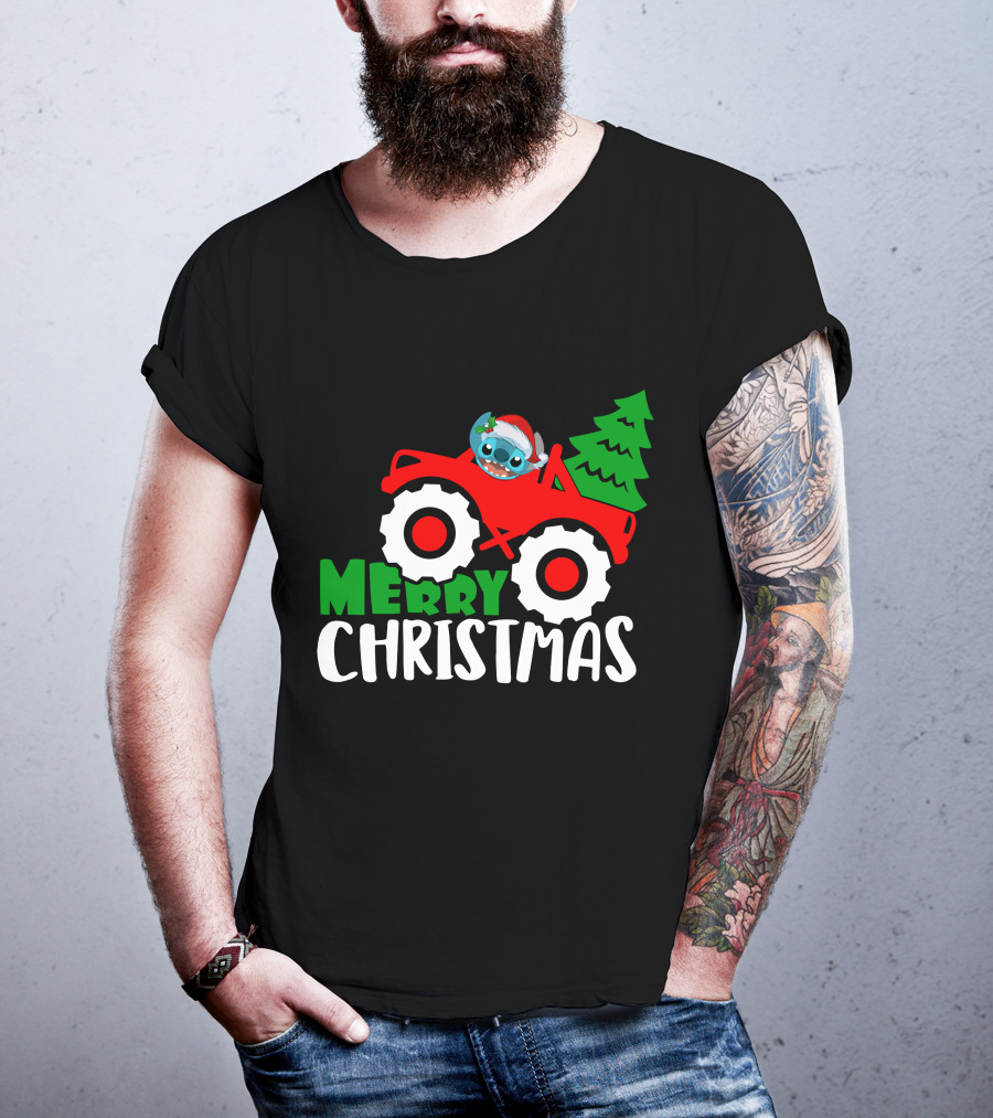 Merry Christmas Stitch Riding Red Truck With Tree T-Shirt