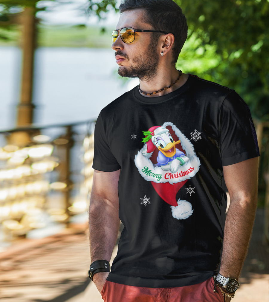Merry Christmas Daisy Duck Santa Hat Snowflakes T-Shirt