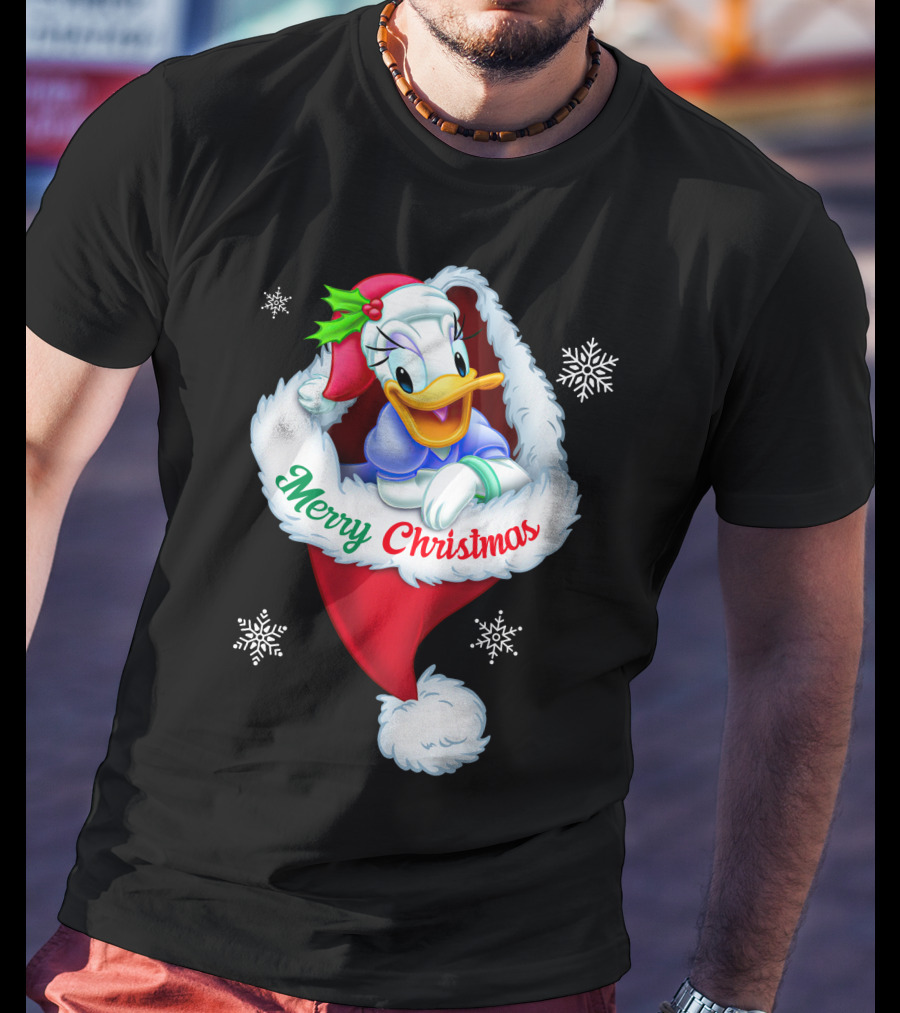 Merry Christmas Daisy Duck Santa Hat Snowflakes T-Shirt