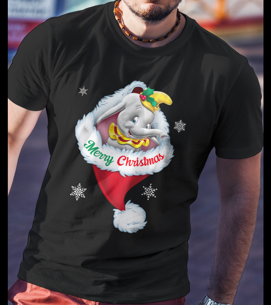 Dumbo Merry Christmas Santa Hat Snowflakes T-Shirt