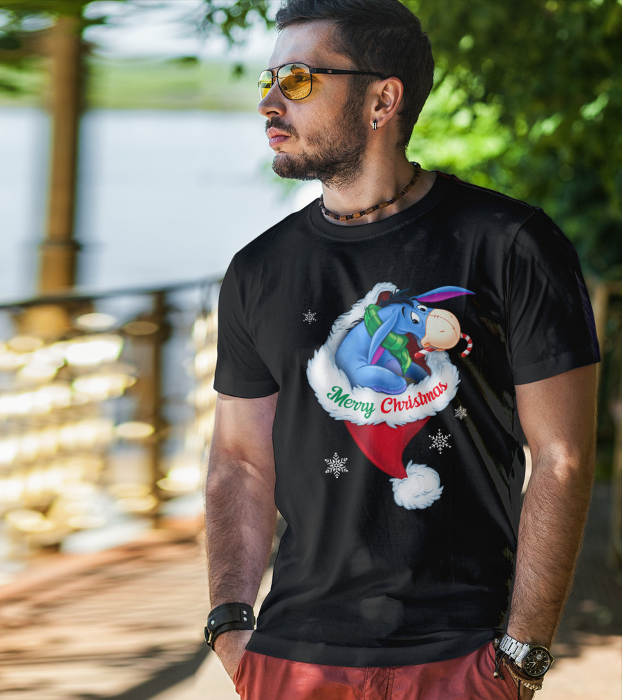 Eeyore Merry Christmas Santa Hat Snowflakes T-Shirt