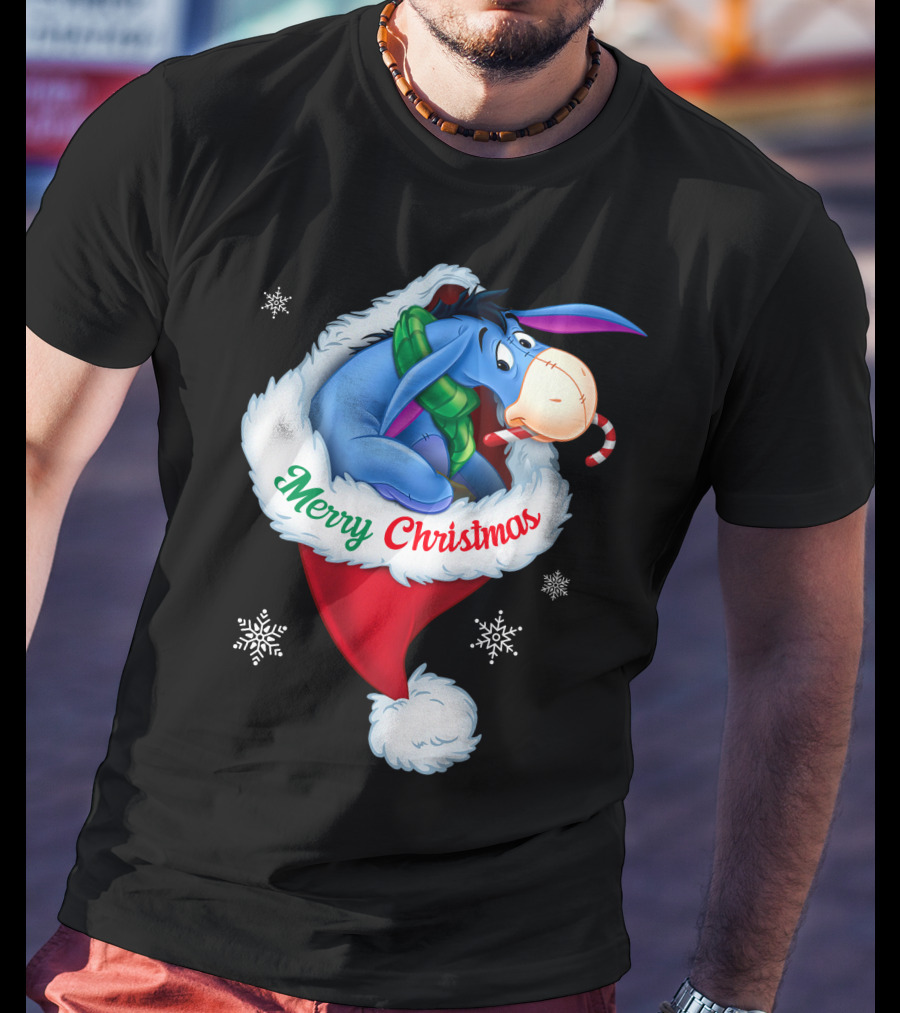 Eeyore Merry Christmas Santa Hat Snowflakes T-Shirt