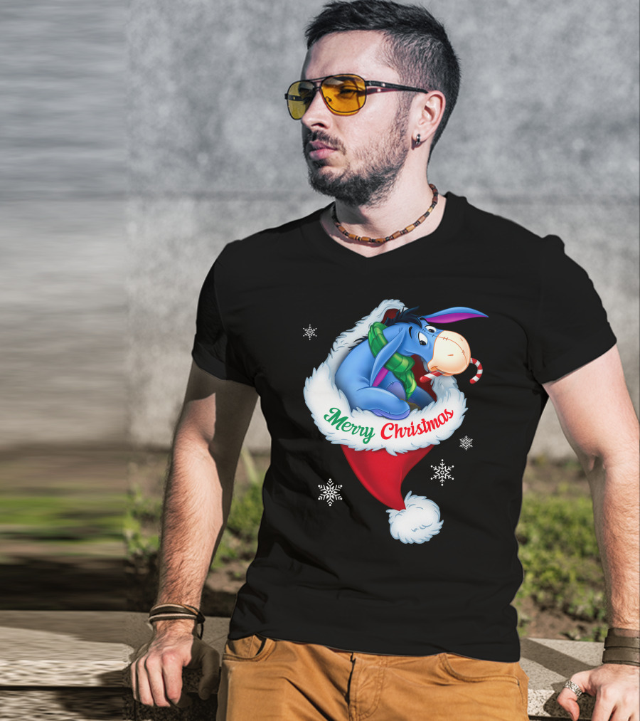 Eeyore Merry Christmas Santa Hat Snowflakes T-Shirt