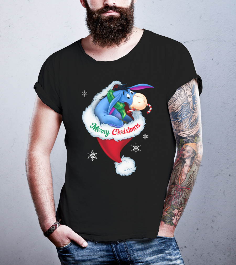Eeyore Merry Christmas Santa Hat Snowflakes T-Shirt