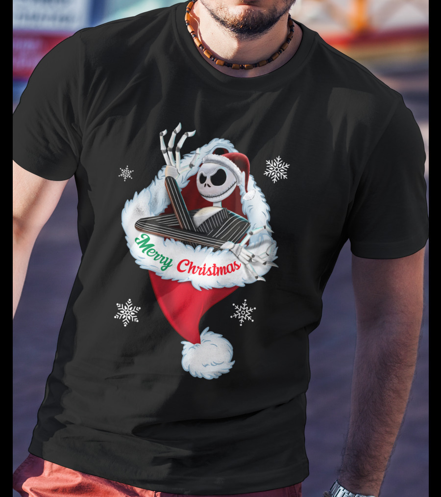 Jack Skellington Merry Christmas Santa Hat Snowflakes T-Shirt