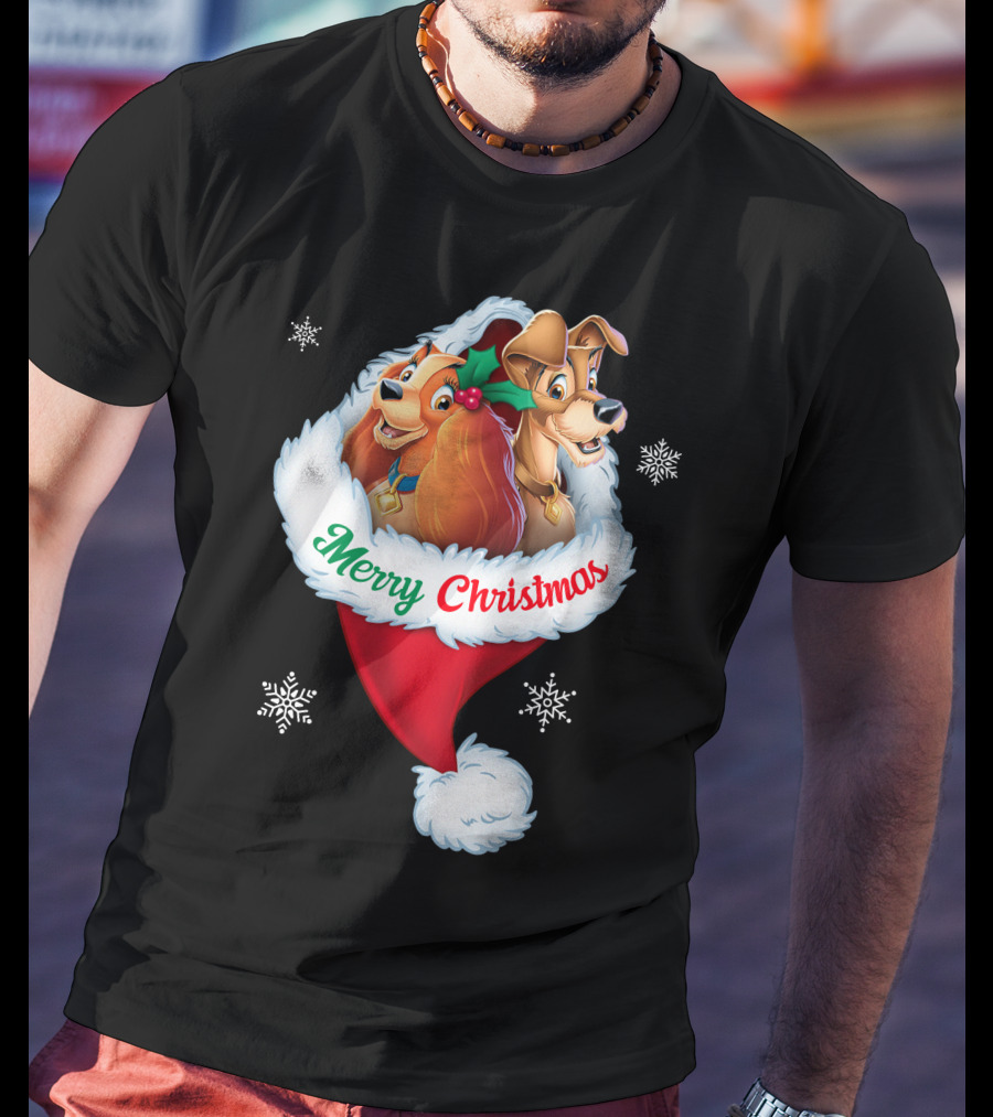 Merry Christmas Lady And The Tramp Holiday Santa Hat Snowflakes T-Shirt
