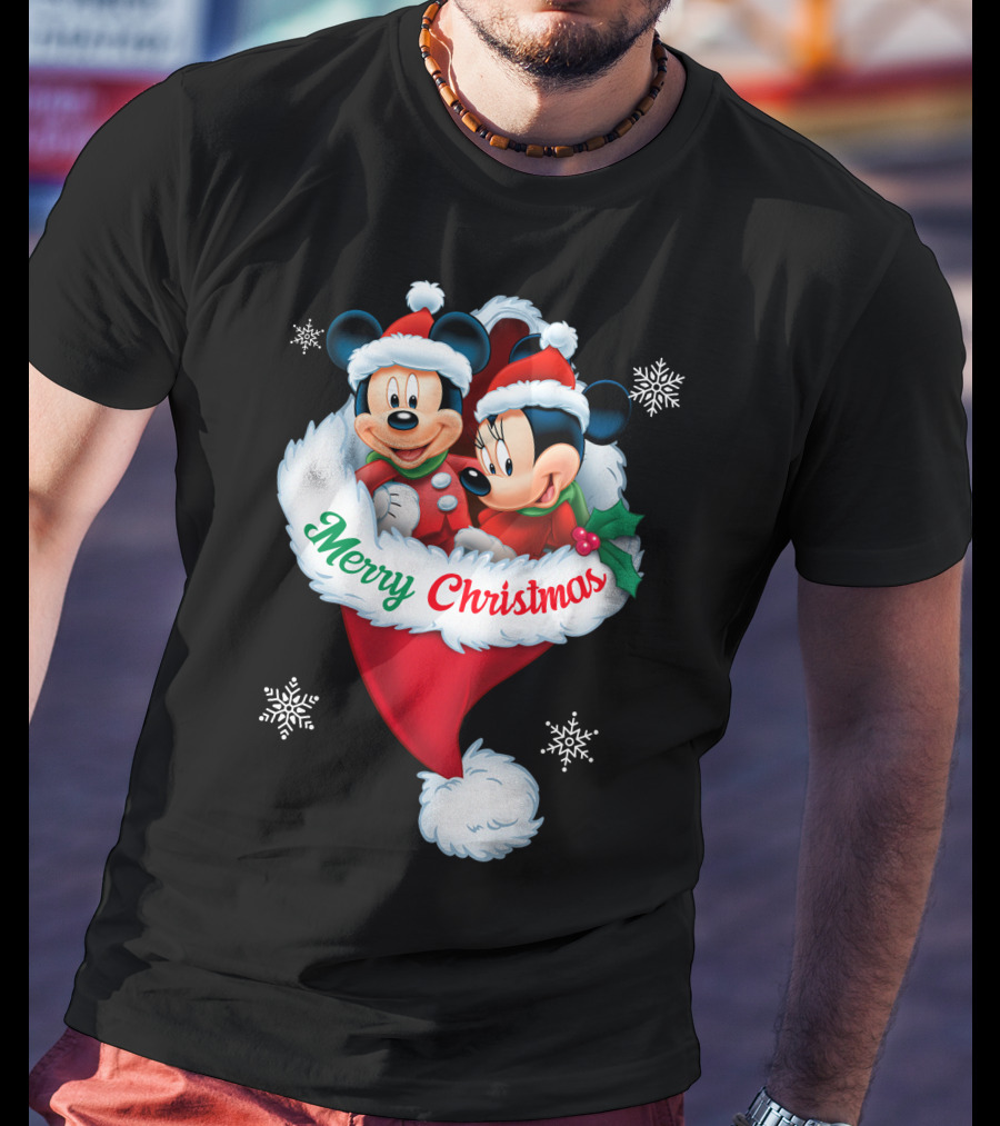 Merry Christmas Mickey Minnie Santa Hat Snowflakes T-Shirt
