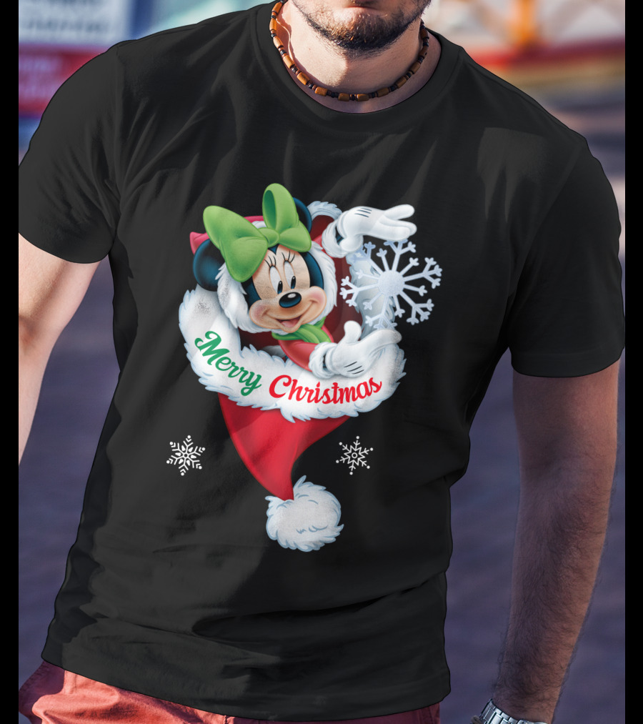 Minnie Mouse Merry Christmas Santa Hat Snowflakes T-Shirt
