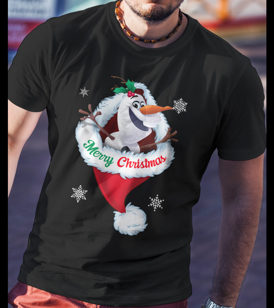 Olaf Merry Christmas Santa Hat With Snowflakes T-Shirt