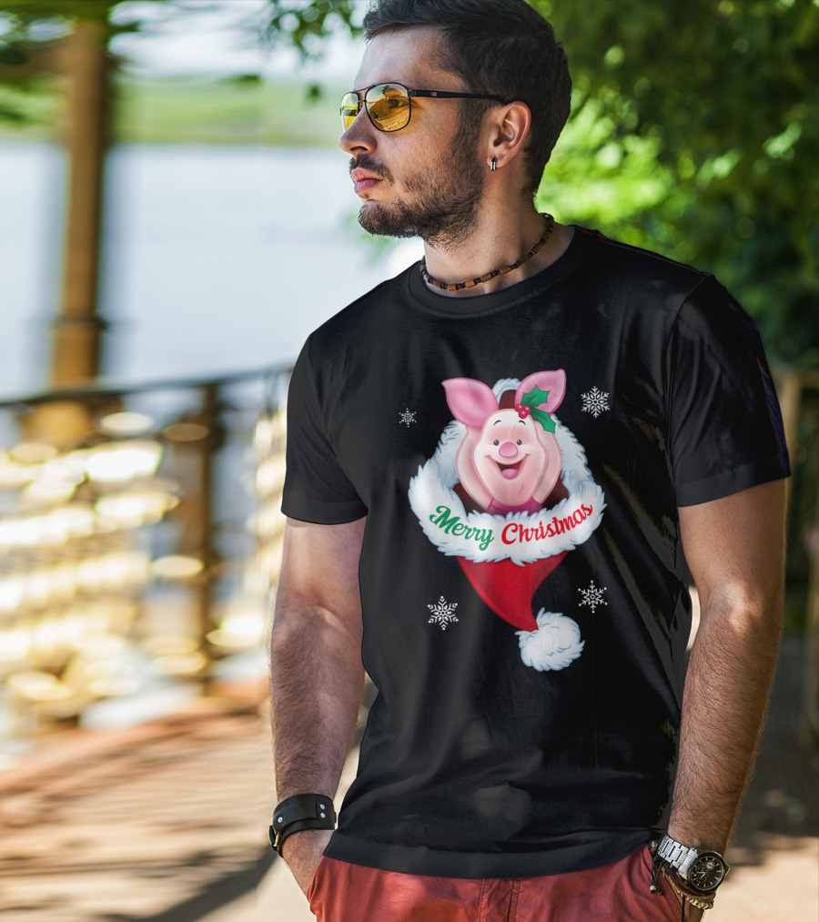Piglet Merry Christmas Holiday Santa Hat Snowflakes T-Shirt