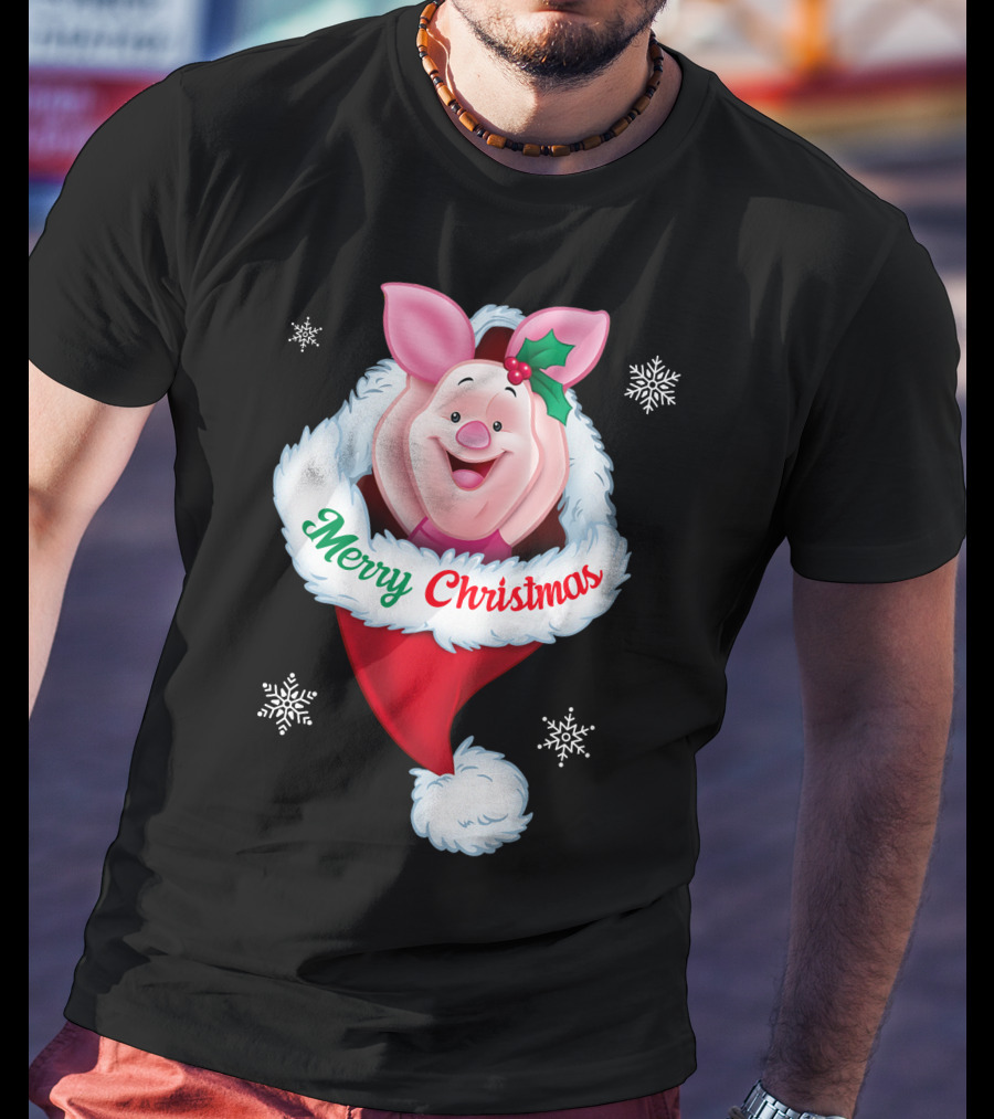 Piglet Merry Christmas Holiday Santa Hat Snowflakes T-Shirt