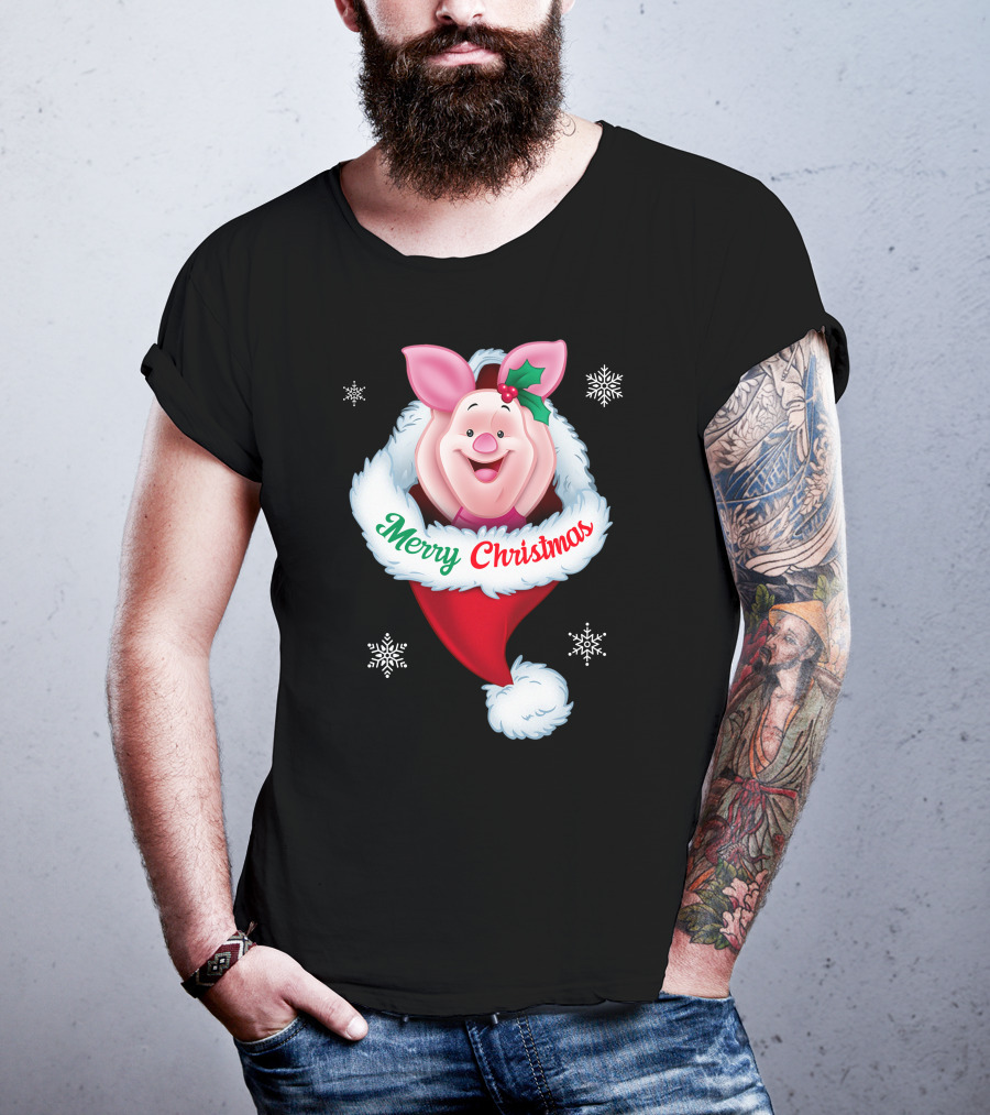 Piglet Merry Christmas Holiday Santa Hat Snowflakes T-Shirt