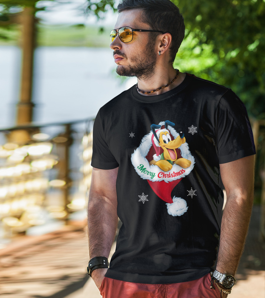 Merry Christmas Pluto Santa Hat Snowflakes T-Shirt