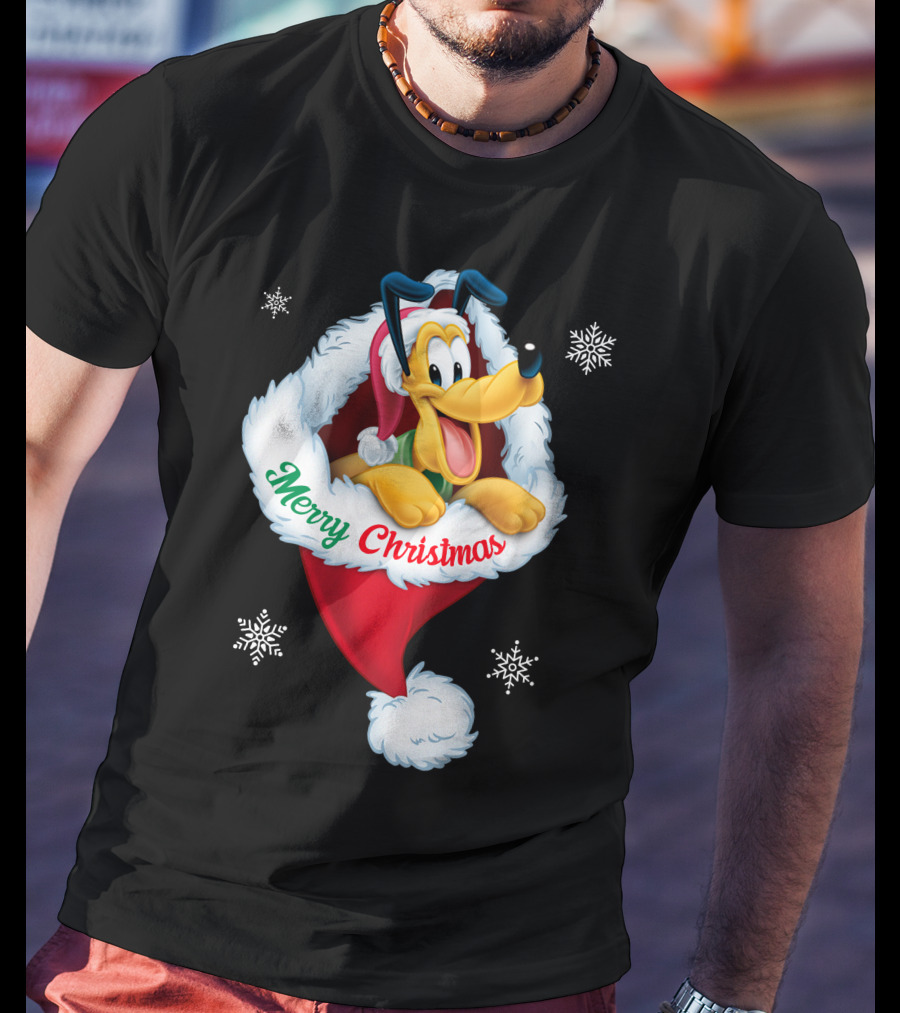 Merry Christmas Pluto Santa Hat Snowflakes T-Shirt