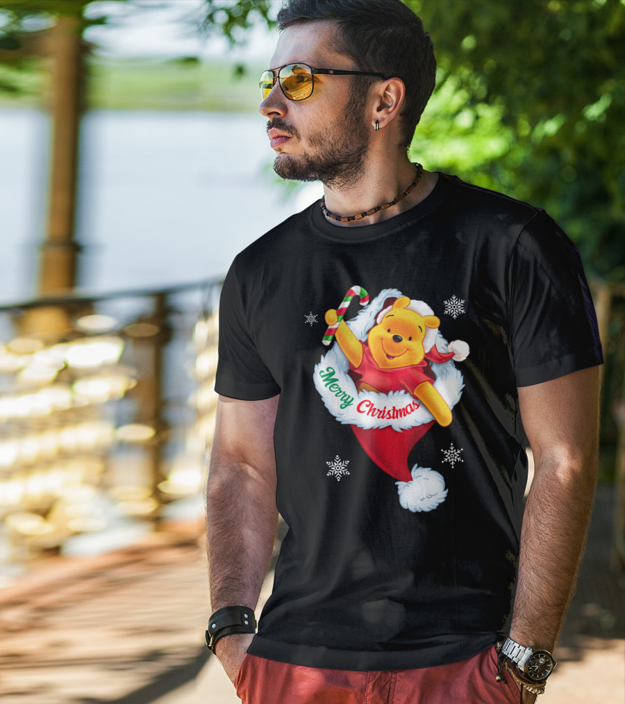 Winnie The Pooh Merry Christmas Santa Hat Candy Cane T-Shirt